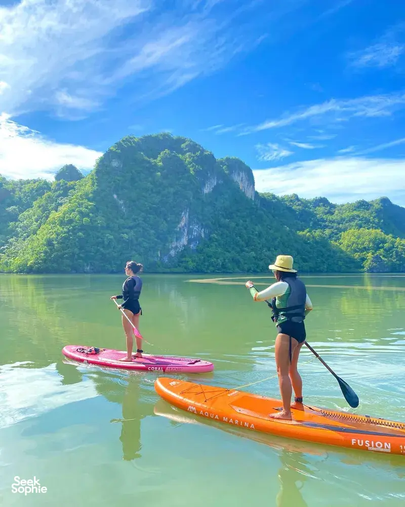 Stand-up paddleboarders glide across calm waters of Tanjung Rhu, Langkawi, past mangrove cliffs on an H2Ocean Langkawi SUP adventure