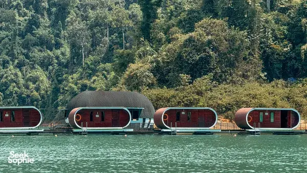 Row of circular capsule rafthouses floating along the calm water, with forest hills behind on Cheow Lan Lake