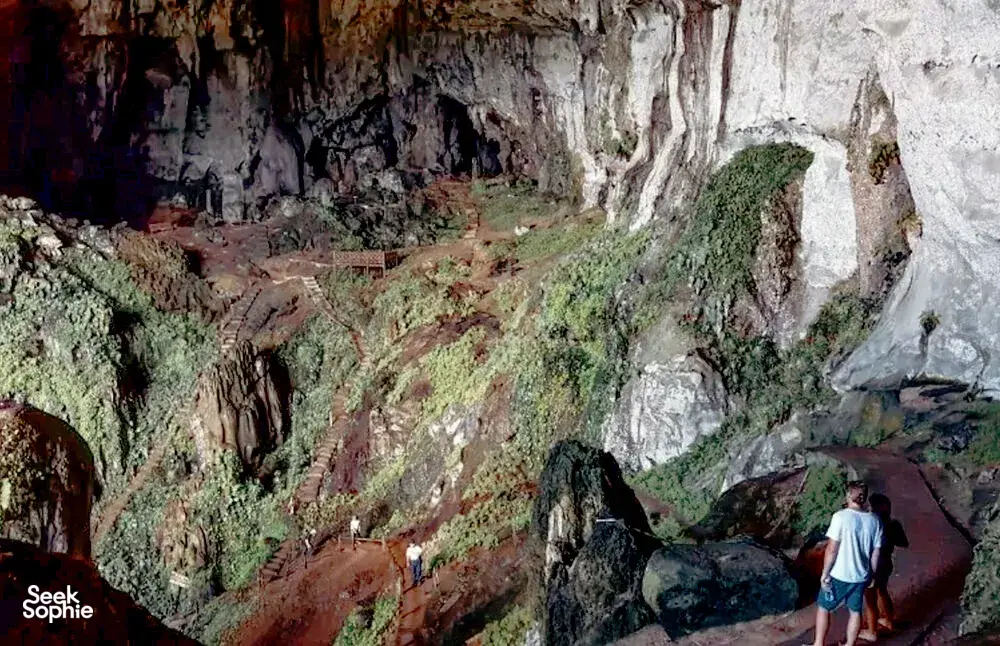 Person overlooking a steep, greenery-covered excavation pit with white limestone cliffs during a gold mine tour near Kuching