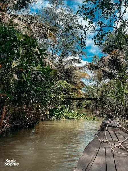 Wooden boat bow on a Mekong Delta river winding through dense palms and mangroves under a blue sky