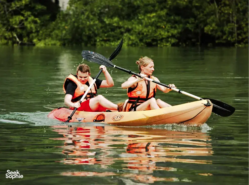 Kayakers with orange life jackets paddling across calm water in Langkawi, on an island-sightseeing eco experience