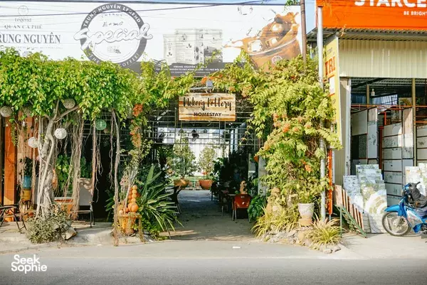 Green courtyard frontage along a roadside street, showing the homestay entrance for Lovely Pottery Homestay in the Mekong Delta