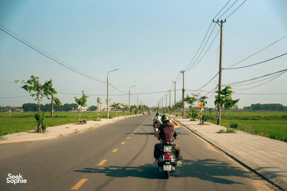 Jalan pedesaan Hoi An dalam tur Vespa, pengendara melaju di jalur kecil di antara sawah dan tiang listrik pinggir jalan