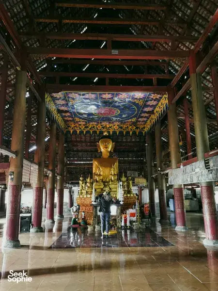 Golden Buddha statue inside a Xishuangbanna temple hall on a private day trip with a local guide, red-pillared interior