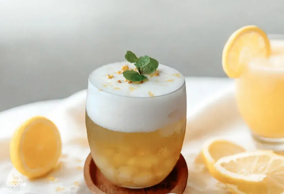 Layered TCM mocktail in a tall glass with mint and lemon slices on a table during food-as-medicine workshops in Singapore