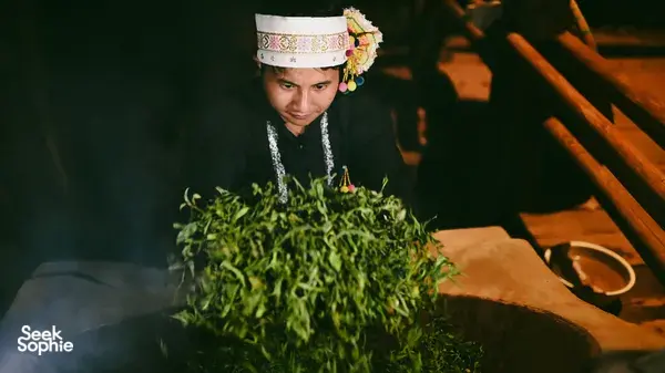 Local woman in embroidered headwear holds a bundle of fresh green herbs at a village doorway in Xishuangbanna