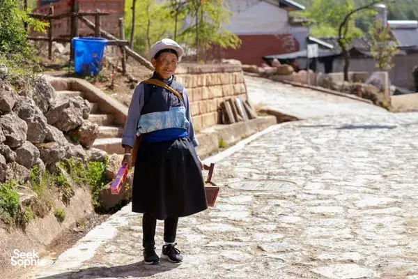 A porter carrying a large crate on a narrow stone lane in rural China, with village houses and trees in view