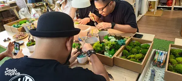 Attendee making a terrarium at SPPFY art studio in Singapore, arranging green moss and stones on work trays at a terrarium workshop