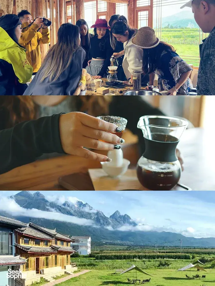 Family-led Yunnan coffee tasting at a Lijiang workshop: guests pour over cups, then meet the estate courtyard under mountain views