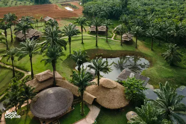 Aerial view of a tropical camp in Thailand with thatched huts, palm trees, pathways, and a small pond