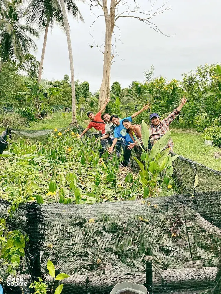 People posing in a Langkawi permaculture vegetable garden at Kebun Lidstari, standing by raised beds of leafy greens