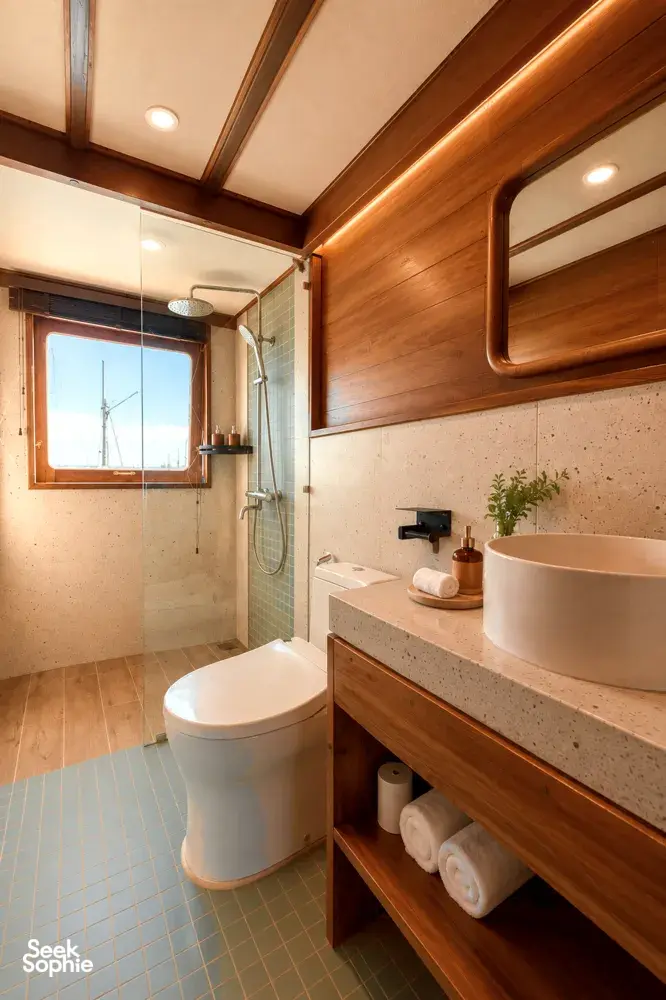 Onboard en-suite bathroom with modern toilet, sink and warm wood storage on a new phinisi for a 3D2N shared Komodo Island