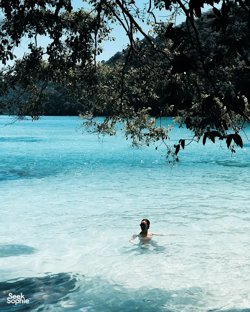 Swimmer wading in clear blue water off Surin Island, framed by tropical tree leaves in the foreground