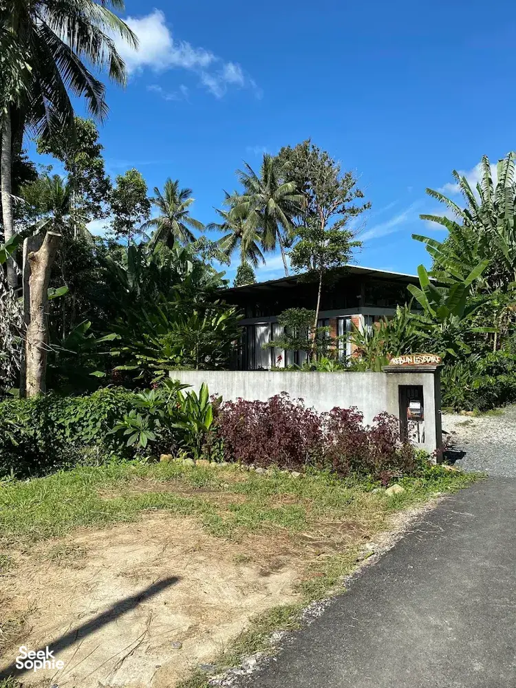 Sunlit farmhouse and welcoming entrance at Kebun Lidstari permaculture farmstay in Langkawi, surrounded by tropical greenery