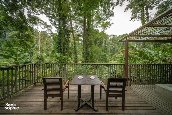 Outdoor deck at Borneo Rainforest Lodge in Danum Valley, with a dining table and chairs overlooking the rainforest