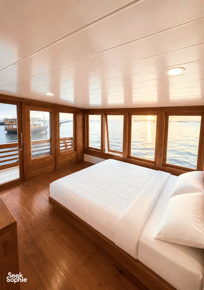 White-mattress bed in a wooden phinisi cabin with floor-to-ceiling windows, part of a 3D2N shared Komodo cruise from Labuan Bajo