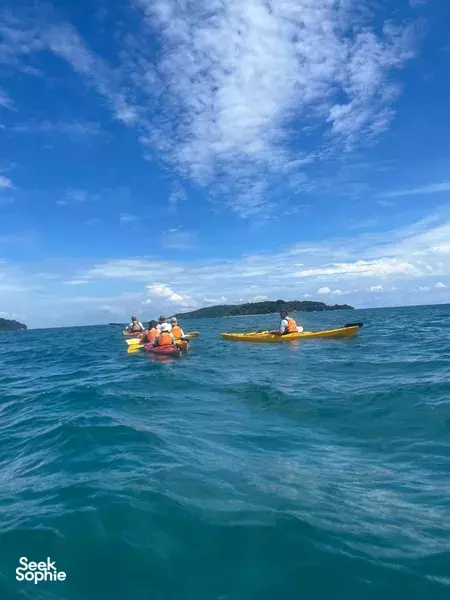 Paddlers in orange life jackets kayak on open water off Malaysia, with two bright kayaks moving past a green coastline