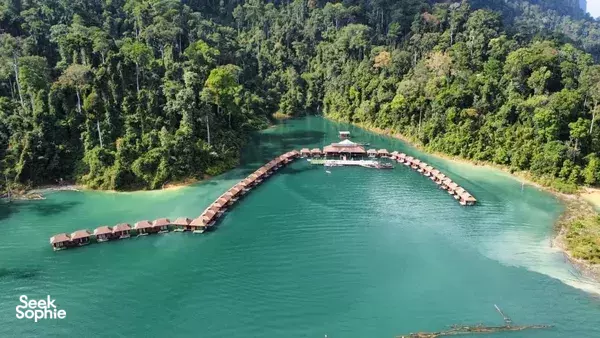 Aerial view of a floating lodge complex on green waters, surrounded by dense rainforest and calm coves at Cheow Lan Lake