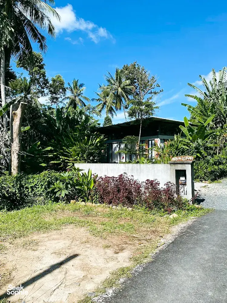 Wooden farmhouse with a covered veranda, framed by palm trees and hedged plants, at Kebun Lidstari in Langkawi.