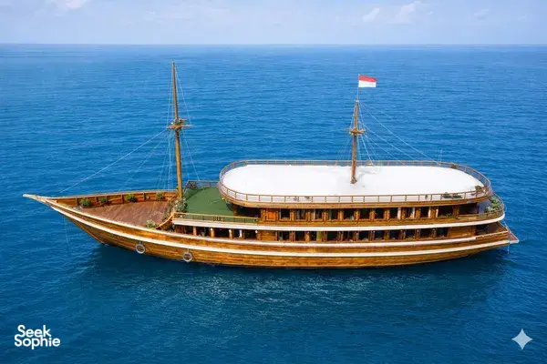 Aerial view of a wooden phinisi at anchor in open sea, ready for travellers on a 3D2N shared Komodo cruise from Labuan Bajo