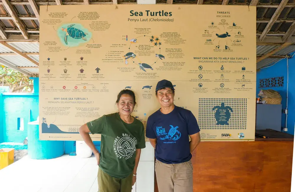 Bali Conservation Adventures 的志愿者在保护中心内的海龟教育展示板前微笑合影