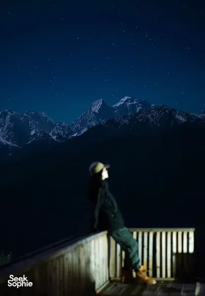 Person in a dark jacket stands on a wooden viewing platform under a starry night sky over mountains in Shangri-La