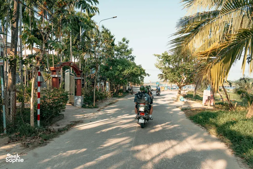 Seorang pengendara skuter dengan barang bawaan melaju di gang kecil yang tenang dan dipenuhi pohon palem di Hoi An, dalam salah satu pilihan unggulan Hoi An Backroad Tours