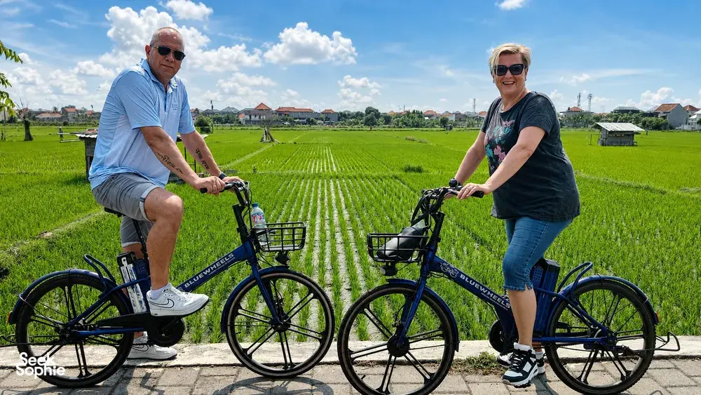 Electric e-bikes paused beside rows of Subak rice fields near Sanur, with Green Bikes Bali guides on a local cycling route