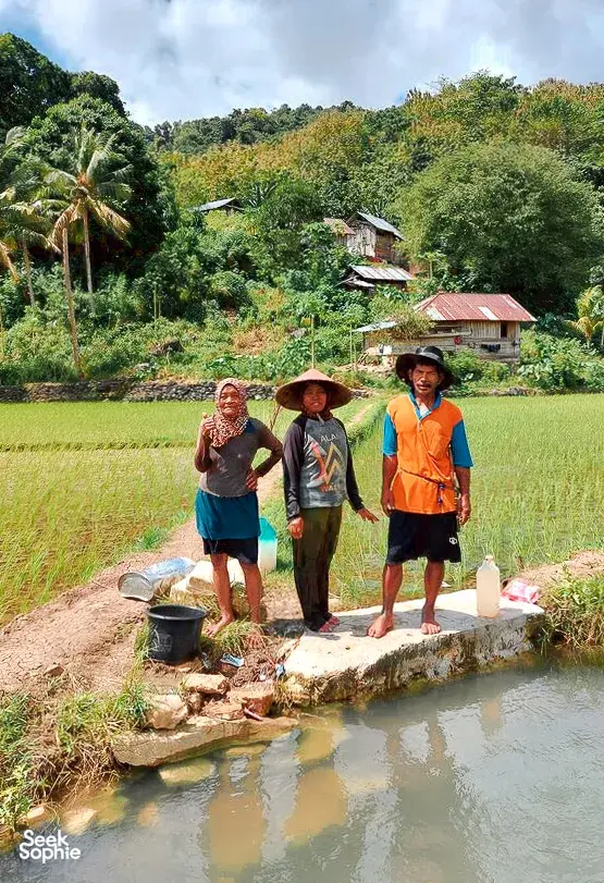 Travellers walking beside a village pond with rice fields during a hidden mangroves and village visit day trip, Labuan Bajo
