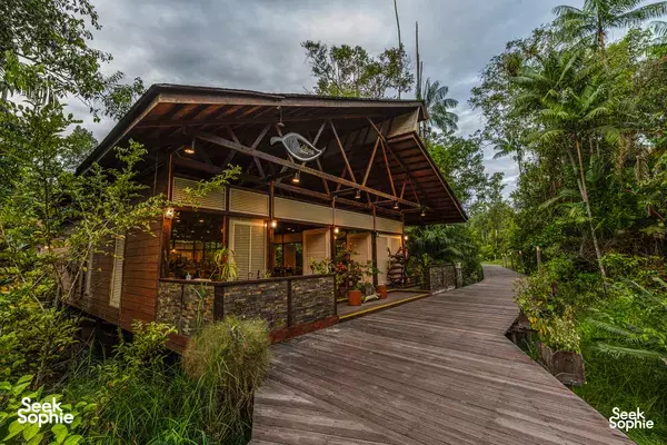Thatched-roof lodge cabin reached by wooden boardwalk through lush forest at Kinabatangan Wetlands Resort, near the Kinabatangan River