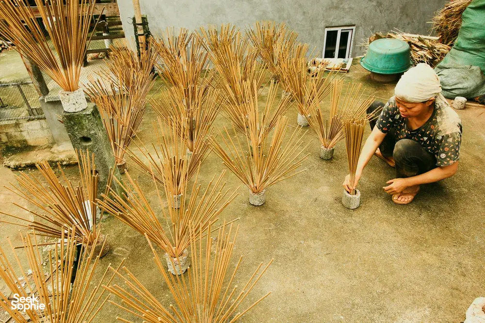 Courtyard craft scene with a local woman sorting bundles of dried straw in neat rows, on a route guided by Ha Giang Expeditions