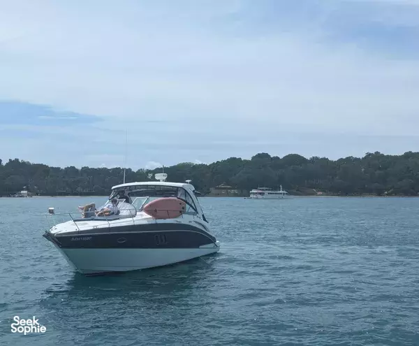 Sea-view of a sleek motor yacht in Singapore, floating at anchor near a wooded shoreline during a 4H yacht adventure
