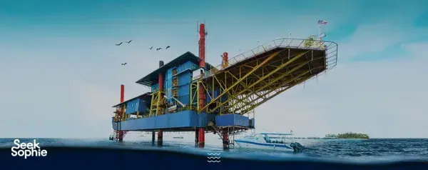 Seaventures Dive Rig offshore platform floating in open sea near Semporna, Malaysia, serving as a retired oil-rig stay