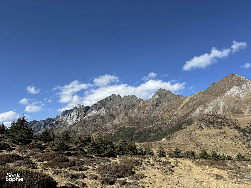 Wide view of craggy peaks and alpine slopes under blue sky during the Jade Dragon Snow Mountain hike near Lijiang