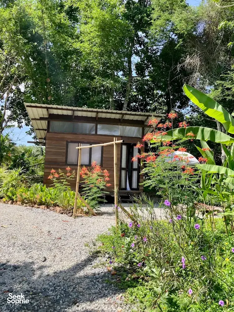 Wood-and-glass cabin at Kebun Lidstari farmstay in Langkawi, tucked into a colourful tropical garden with blooms and banana leaves