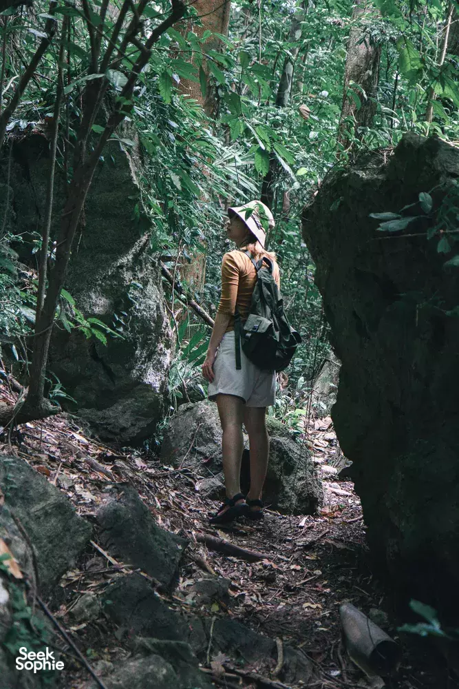 Hiker on a narrow trail through dense green forest at Anurak Lodge in Khao Sok National Park, part of the 2D1N stay in Khao Sok National Park