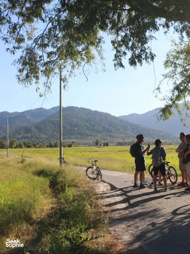 Cyclists on a countryside lane in Langkawi with bicycles by the roadside and mountain hills ahead during Dev's Adventure Tours