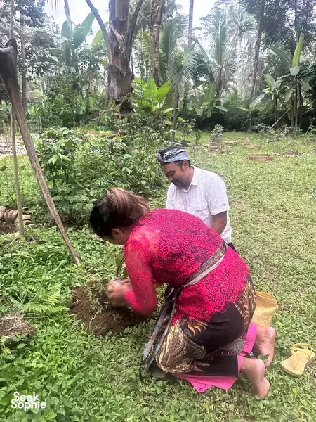 Volunteer crouches in a lush garden while a guide watches nearby, planting and learning at a conservation stay in Bali