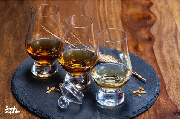 Amber whisky in clear tumblers on a slate coaster at a hidden home bar, private dining Singapore with Scotch & Sambal