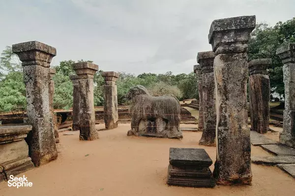 Stone elephant sculpture in Polonnaruwa’s ancient ruins courtyard, framed by weathered pillars during a guided visit