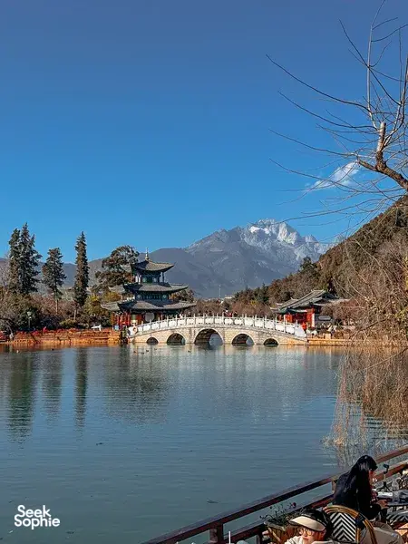 Lijiang Old Town stone bridge and pagoda over the river with snowy mountains in the background on a local-guided walk