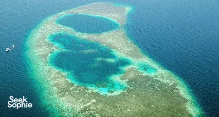 Aerial view of Blue Ring Reef, turquoise reef pools and sandy shallows surrounded by deep blue open water with small boats