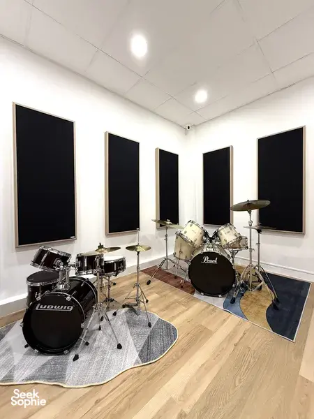 Drum kit in a soundproof room at SmallGiant Music in Singapore for composing photo-montage soundtracks during workshops in Singapore