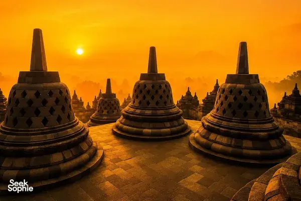 Borobudur temple terraces at sunset in Yogyakarta on Ayla Tour’s private day trip with views of Merapi Volcano