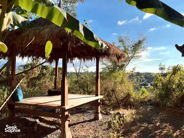 Thatched-roof deck with wooden seating and banana leaves overlooking the farm landscape at Saifana Organic Farm, Lombok