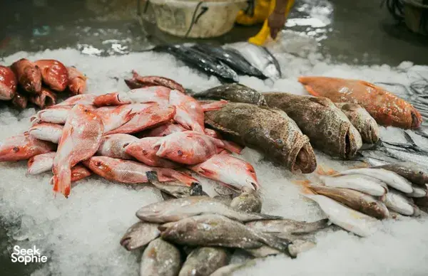 Aneka ikan laut berwarna-warni tersusun di atas ais di pasar ikan Pelabuhan Jurong, Singapura, sedia untuk dipilih oleh pembeli