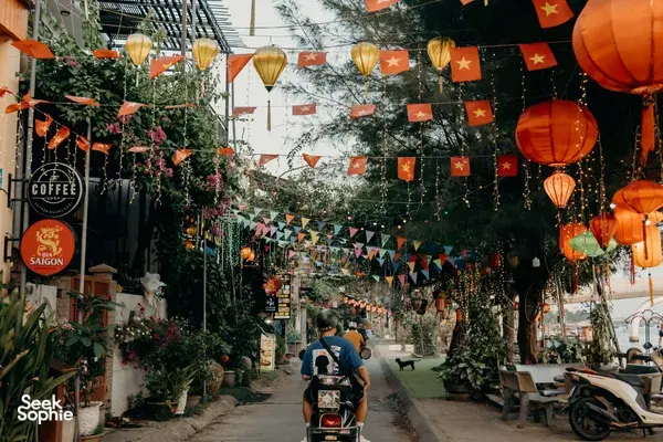 Lantern-lit alley with Vietnamese flags as a Hoi An Backroad Tours scooter heads through a decorated street in Hoi An