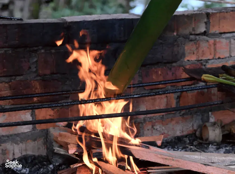 Open-fire cooking at Ngapuh Homestead: flames burning in a brick fireplace over a metal grill amid rainforest greenery