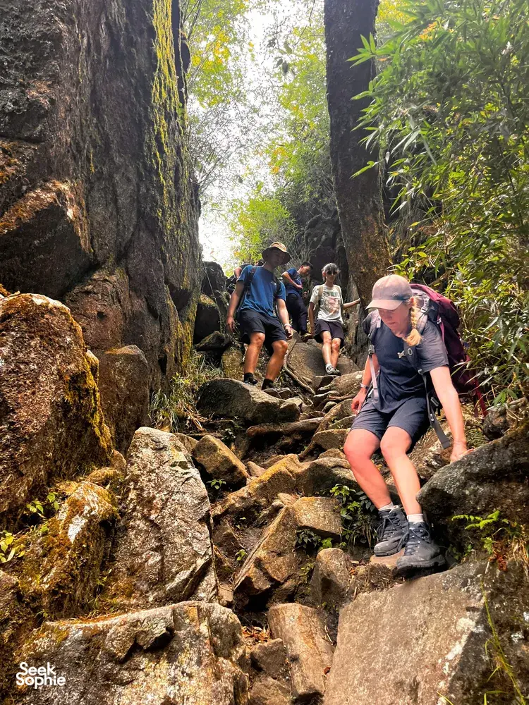 Trekking through a shaded rocky gorge on the Fansipan eco trail near Sapa, with bamboo-lined cliffs on both sides