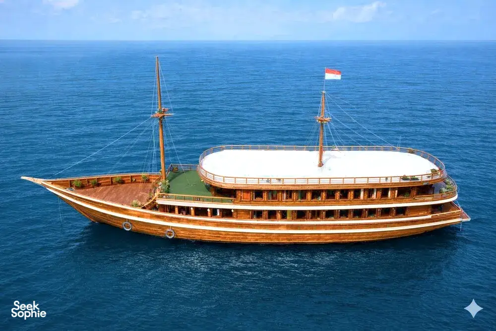 Top-down view of a traditional wooden phinisi cruising on open blue ocean, set for a shared cruise in Komodo Island